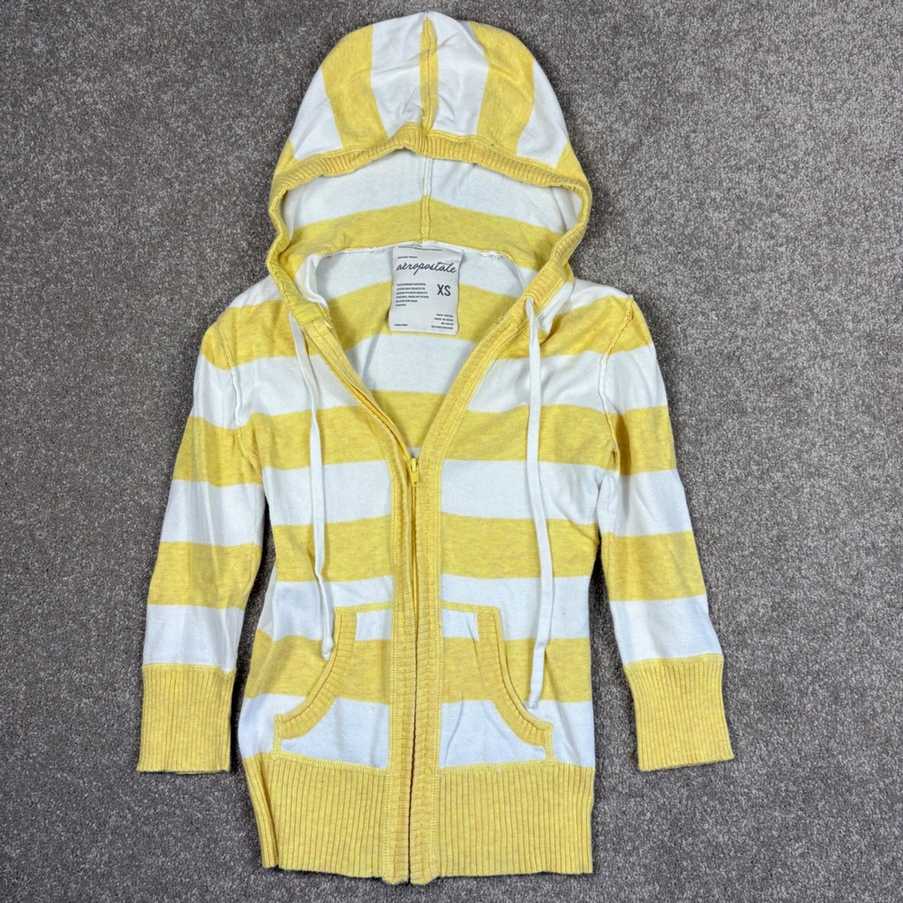 Aeropostale Kids Yellow White Striped Full Zip Knit Hoodie Sweater XS Cotton